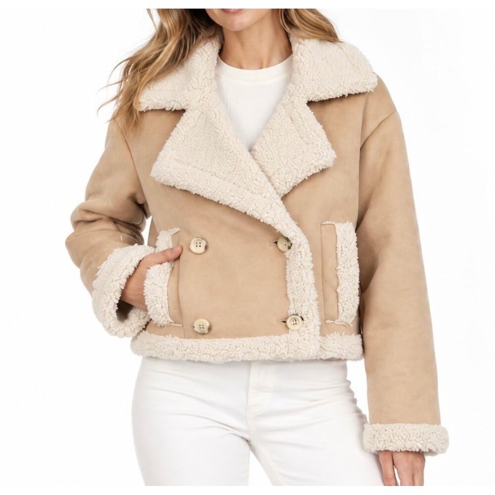 Frye Womens Faux Shearling Double Breasted Jacket Sand Tan Cropped XL Outerwear